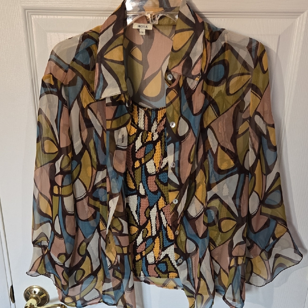 NICOLA Multicolor Sheer Blouse with Abstract Design